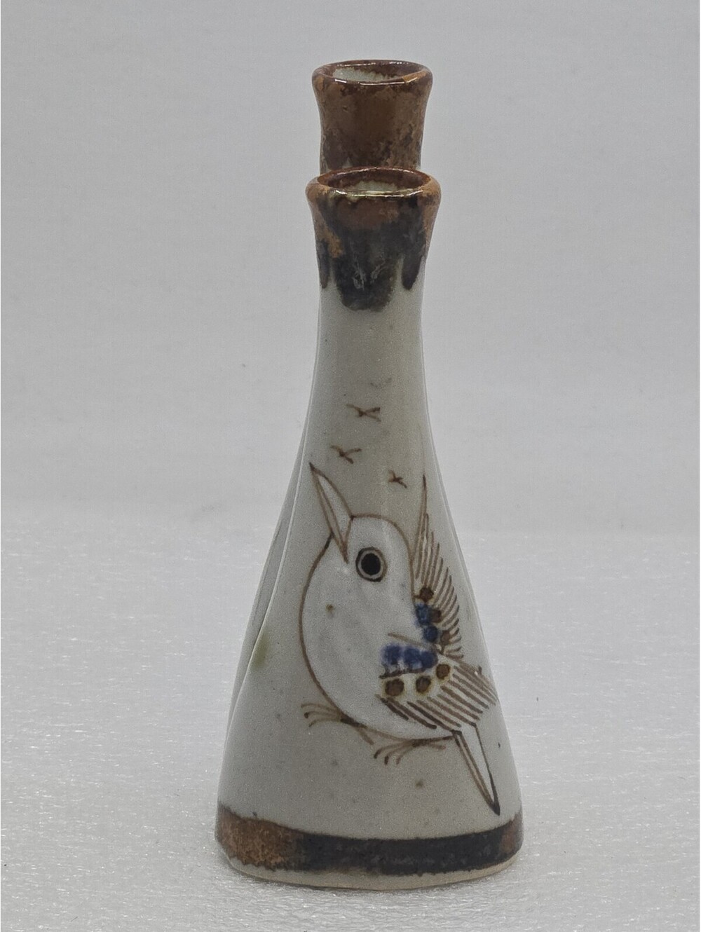 Vintage Signed Ken Edwards Tonala Double Neck Bud Vase Bird & Floral Motif 5.25"